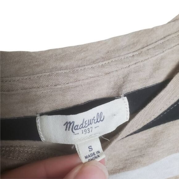 MADEWELL Womens Top‎ Small 100% Cotton Stripe Neutral Oatmeal 3/4 Pocket Cozy - Picture 3 of 8